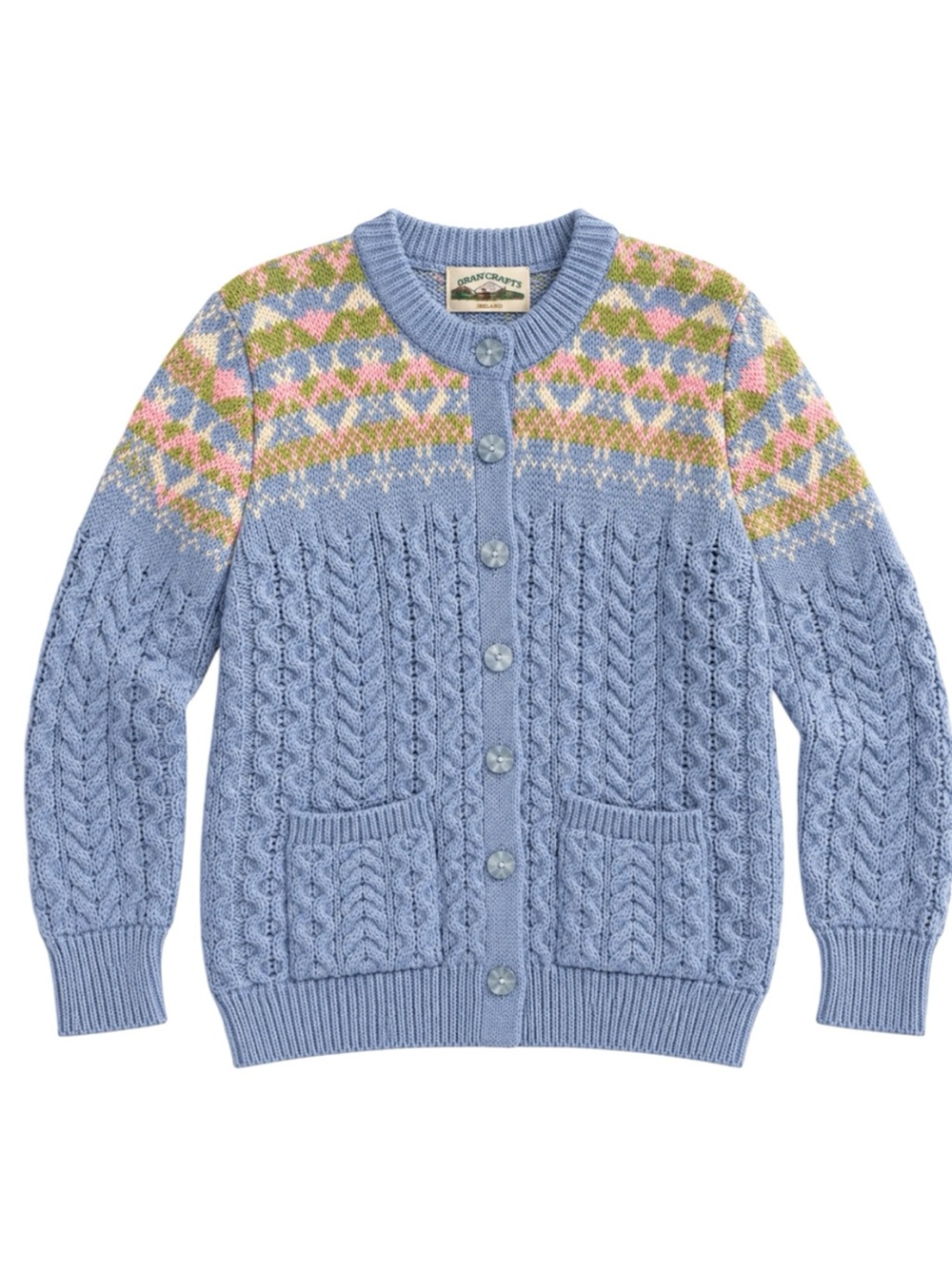Aran Crafts Cardigan Womens Large Blue Merino Wool Excellent Fair Isle Irish